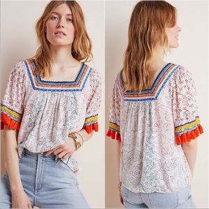 Anthro Maeve Paolina Tassel Embroidered Blouse